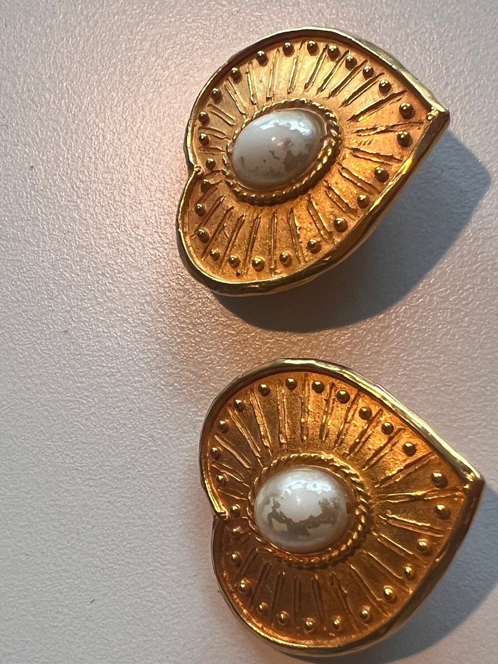 Vintage Signed JM Gold Tone Faux Pearl Heart Clip-On Earrings